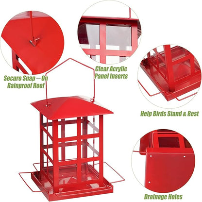 Bird Feeder, Heavy Duty Metal Bird Feeders for Outdoor Hanging, Retro Red House Wild Birdfeeder, Rainproof & Waterproof, 6 LBs Extra Large Capacity