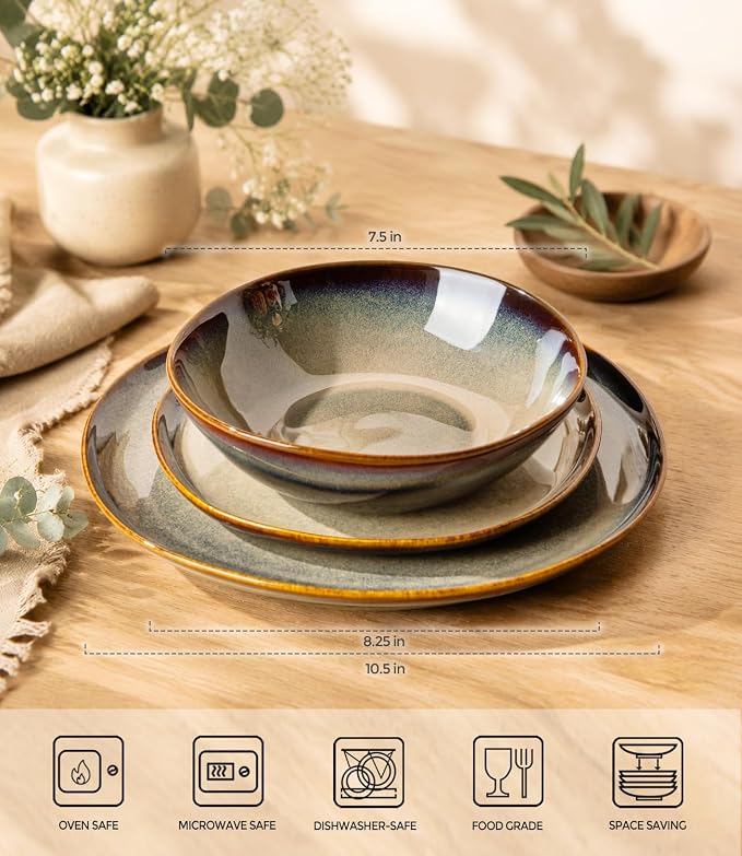 TheTerra Ceramic Dinnerware Sets for 4, 12 Pieces Porcelain Lightweight Plates and Bowls Sets, Scratch Resistant Dish Set, Oven & Microwave & Dishwasher Safe, Coca Mocha