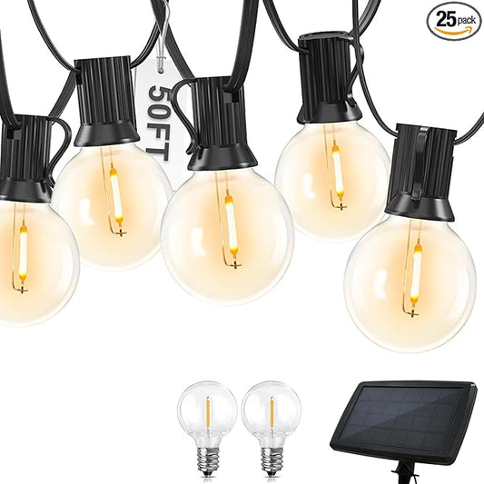 COOS BAY Outdoor Solar Powered String Lights 50 Feet G40 with 25 Shatterproof Bulbs (2 Spare), 4 Lighting Modes for Garden, Porch, Patio Gazebo Canopy Decor - Waterproof, E12 Base, 2700K