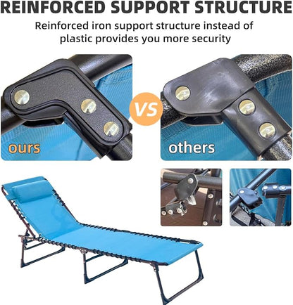 Patio Lounge Chair Folding Chaise Bed - Heavy-Duty 400lb Capacity Portable Adjustable Recliner w/Pillow for Pool, Camping, Sunbathing - Lay Flat Design (Light Blue)