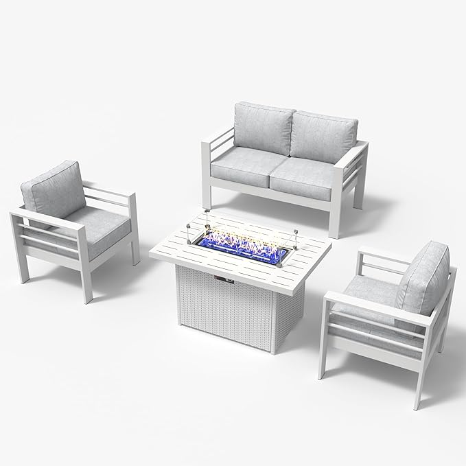 LayinSun Outdoor Aluminum Furniture Set, 4 Pieces Patio Sectional Conversation Chat Sofa Modern Seating Set with Coffee Table