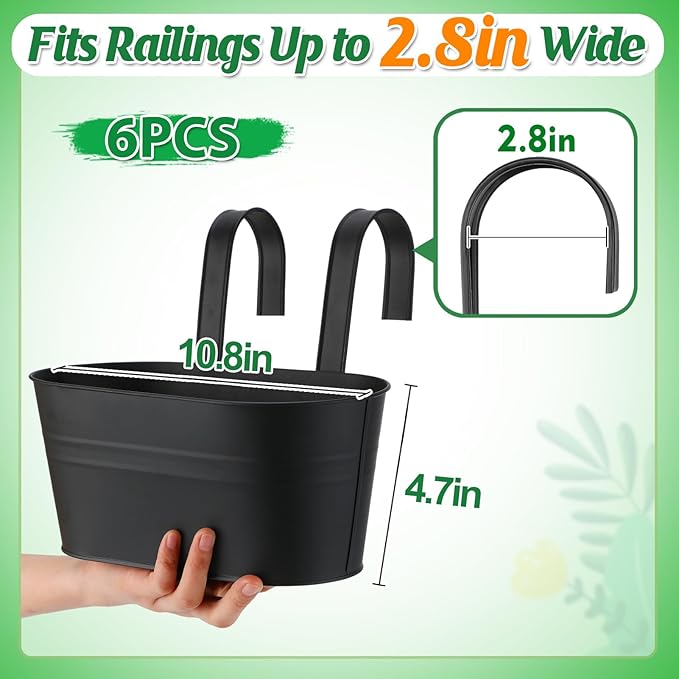 MADHOLLY Railing Planter with Drainage Holes - 6Pcs Sturdy Bucket Pots for Railing Fence, Countryside Style Metal Flower Pots for Herbs Balcony Garden Yard Decor, Black