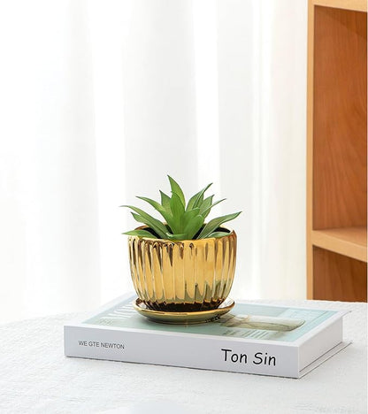 Ton Sin Gold Plant Pots,4.1+5.1+6.5 Inch Ceramic Succulent Planters Set of 3,Indoor Flower Pot with Drainage,Handmade Decorative Ceramic Orchid and Herb Pots(Gold)