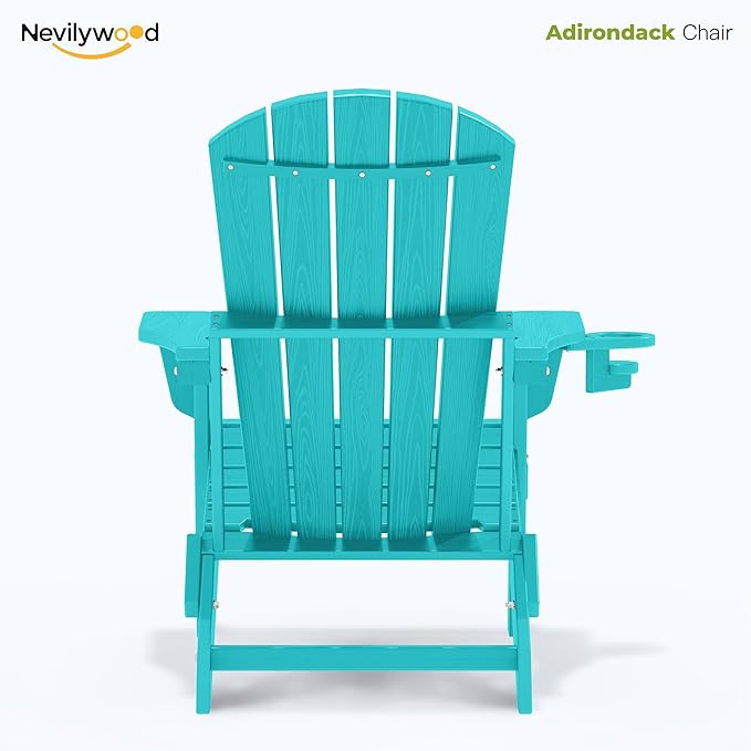 nevilywood Folding Adirondack Chair with Cup Holder Set of 4, HDPE Patio Chairs,All-Weather Outdoor Chairs for Backyard, Deck,Fire Pit-Aruba