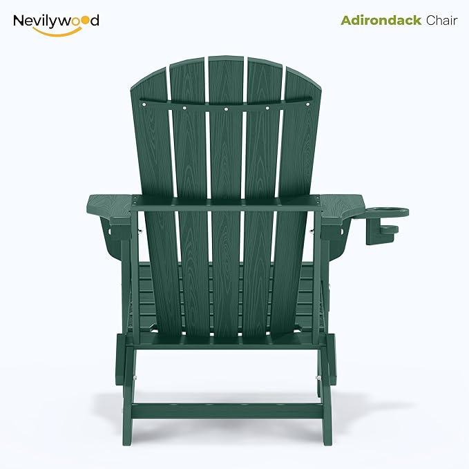 nevilywood Folding Adirondack Chair with Cup Holder Set of 4, HDPE Patio Chairs,All-Weather Outdoor Chairs for Backyard, Deck,Fire Pit-Green