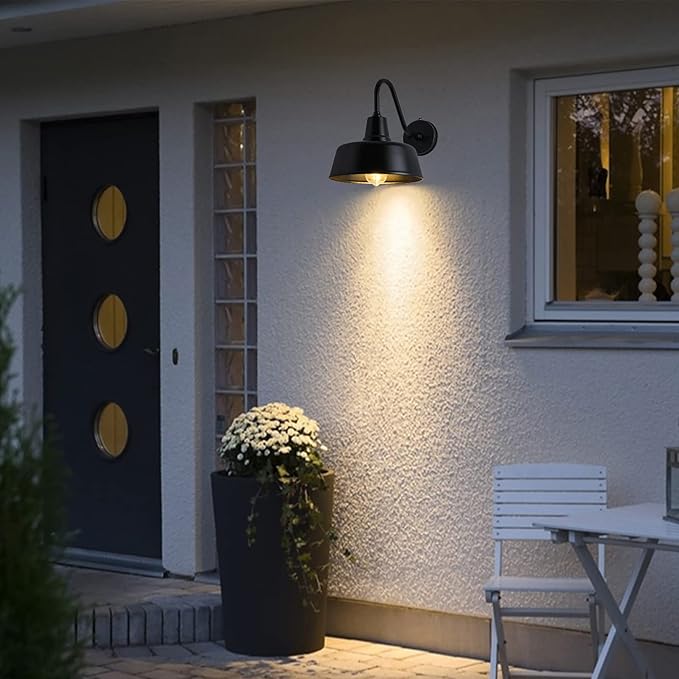 Barn Lights Outdoor Gooseneck Lighting, Dusk to Dawn Black Exterior Barn Lights for House, Farmhouse Wall Lighting Fixtures with Sensor for Porch Garage (2, 11" Diameter)