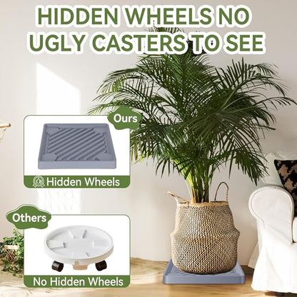 2 Pack-Square Plant Caddy with Hidden Wheels 10 Inch Heavy Duty Rolling Plant Stands Indoor Outdoor Plant Saucer Tray Dolly with $9.9 Garden Tools (Gray)