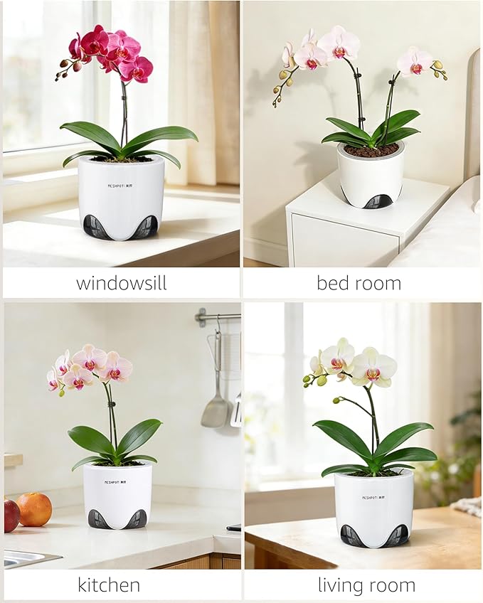 5 inch Orchid Pots with Holes for Repotting with Excellent Airflow, Set of 2, Double Layer Plastic Imitate Ceramic Orchid Planter, Clear Orchid Pot Match Decorative Orchid Container