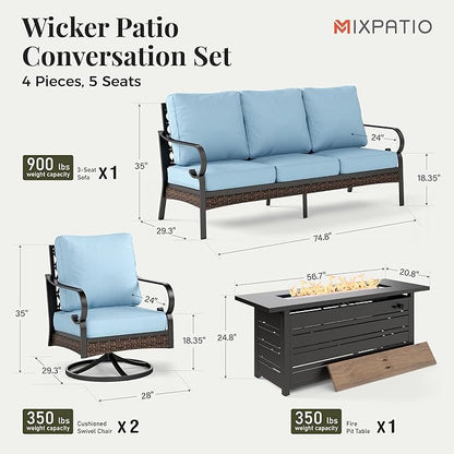Patio Furniture Set with Firepit Table, Black Frame Outdoor Conversation Set with 2 x Swivel Chairs, 1 x 3-Seat Sofa for Lawn Garden Backyard, Blue