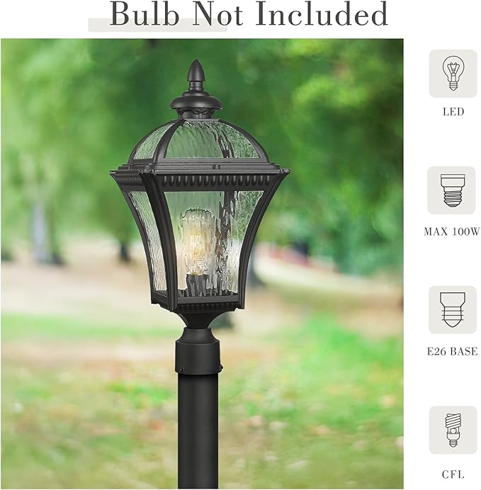 Emliviar 22" Outdoor Lighting for Post, Black Exterior Lamp Post Light Fixture for Yard, Aluminum Pillar Light with Water Ripple Glass, XE266P-SW BK