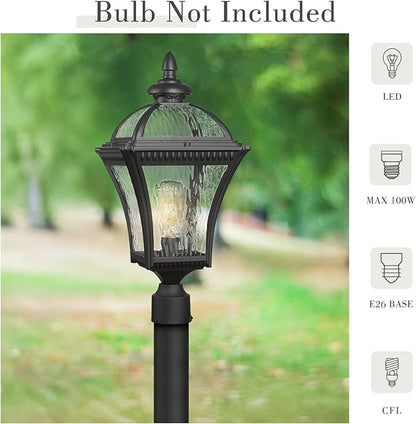 Emliviar 22" Outdoor Lighting for Post, Black Exterior Lamp Post Light Fixture for Yard, Aluminum Pillar Light with Water Ripple Glass, XE266P-SW BK