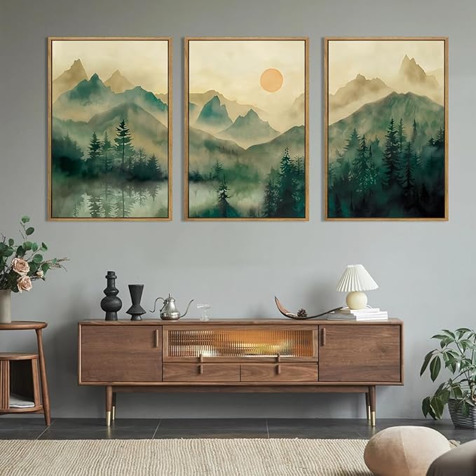 IARTTOP Extra Large Green Forest Wall Art 24x36 Inch Framed Foggy Mountain Canvas Art Prints Nature Landscape Wall Decor for Living Room Bedroom Office Set of 3