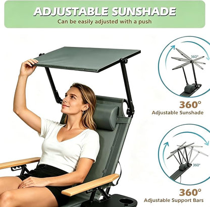 Folding Lounge Chair with Canopy, Tanning Chair with 4-Position Reclining Back, Folding Sun Lounger, Outdoor Lounge Chair for Beach, Poolside, Backyard, Camping, UPF 50+ Sun Shade, 300 LBS