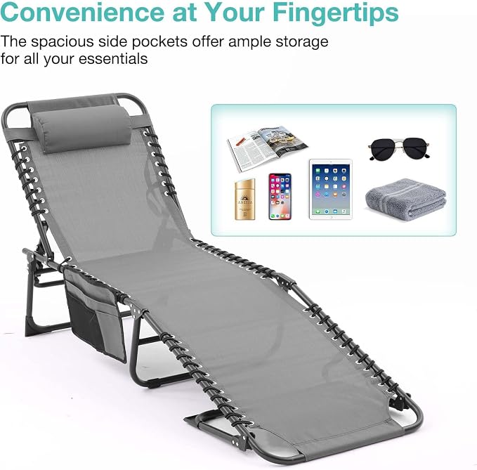 Tanning Chairs for Outside, Chaise Outdoor Lounge Chair, Folding Pool Chairs & Patio Lounger for Beach Camping Hiking Backyard Sunbathing Poolside, Portable (Gray Set of 2)
