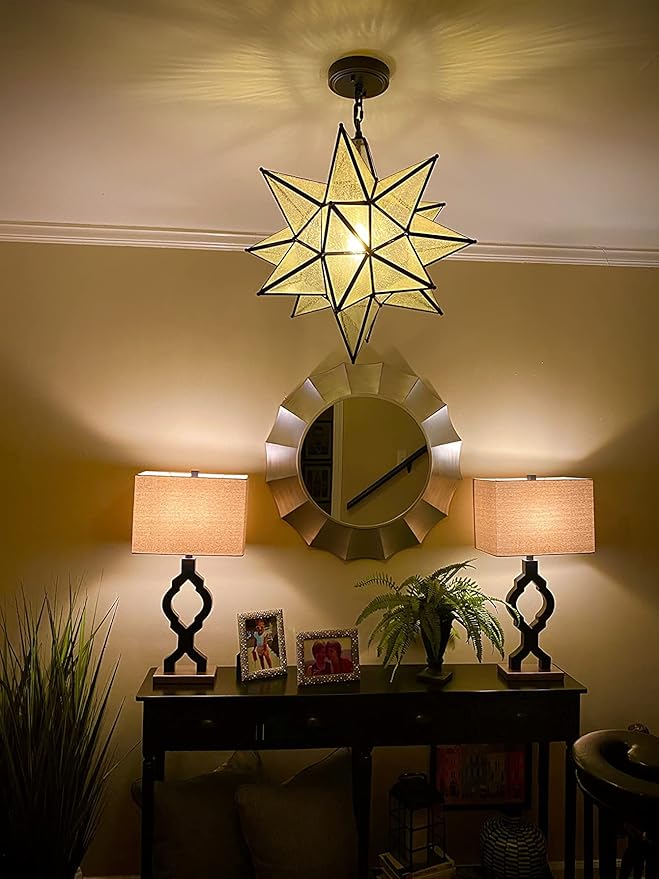 DIRYZON EUL 20 Inch Modern Moravian Star Pendant Lighting Seeded Glass Light on Chain