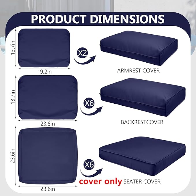 14 Piece Outdoor Patio Waterproof Cushion Covers, Fits 6-Seat Wicker Rattan Sectional Couch Chair Furniture Cover Replacement Set - Fade-Resistant Patio Cushion Covers with Zipper