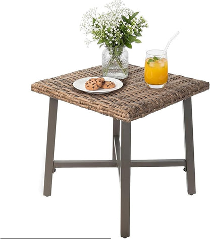 Rattan Side Table for Outdoor, Small Patio Table & Balcony End Table with Handwoven Wicker Design, Compact Square Accent Table for Porch Garden Deck