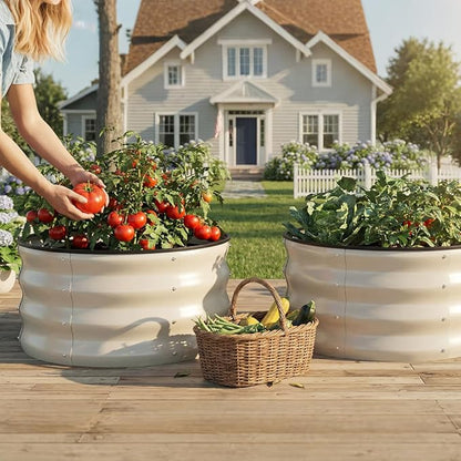 COMHOMA 2 Pack Round Raised Garden Bed 2x2x1ft,Galvanized Metal Planter Box Kit for Outdoor Gardening,Vegetable Flower Herb Growing Beds with Gloves Tools,White