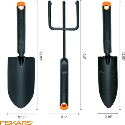 Fiskars 3-Piece Garden Tool Set - Trowel, Transplanter, Cultivator, Rust-Resistant Steel Heads, Ergonomic Handles for Planting, Digging, and Aerating Soil