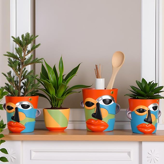XMGZQ Abstract Cubism Face Planter,Pop Art Sculpture & Vase Decor,Unique Picasso Style Flower Pot,for 4-6 Inch Succulents & Houseplants,Drainage Hole Included,Statement Gift (Contemporary)