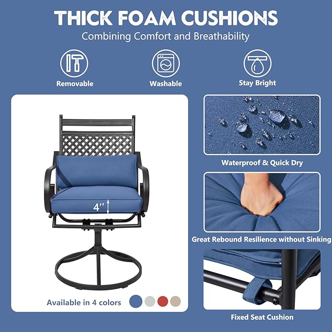 MELLCOM Patio Swivel Chair Set of 2, Heavy Duty Outdoor Dining Chairs with Cushions and Lumbar Pillows, Metal Patio Chairs Gentle Rocker for Outside, Garden Lawn & Porch, Backyard, Blue