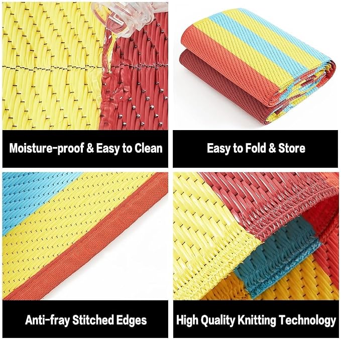 HUGEAR Outdoor Waterproof Rug 8'x10' Plastic Straw Rugs Washable Reversible Floor Mat Rainbow Stripe Carpet for Camping RV Deck Entryance Porch Picnic Balcony Beach Backyard