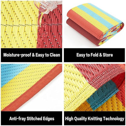 HUGEAR Outdoor Waterproof Rug 8'x10' Plastic Straw Rugs Washable Reversible Floor Mat Rainbow Stripe Carpet for Camping RV Deck Entryance Porch Picnic Balcony Beach Backyard
