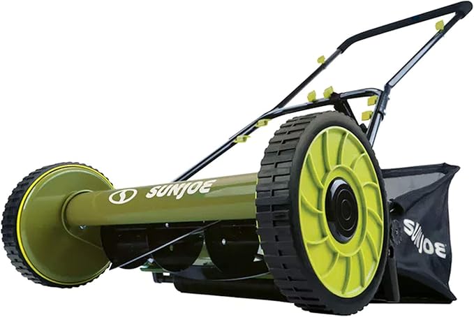 Sun Joe Lawn Mower, 16 Inch Manual Reel Push Behind Machine, Outdoor Equipment with Removable Grass Catcher and Adjustable Cutting Height