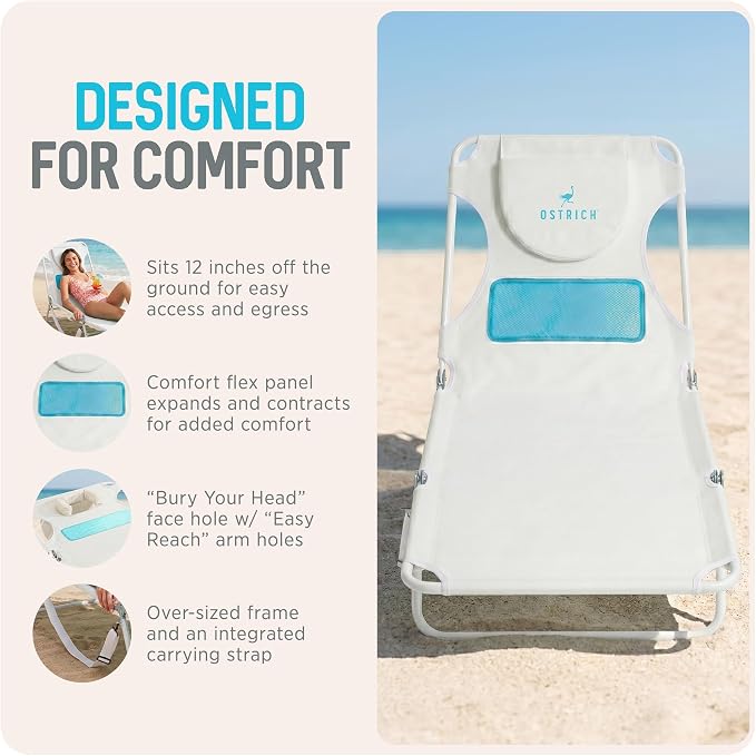 Ostrich the Ladies Comfort Lounger with Chest Support, Foldable and Portable Reclining Outdoor Patio Beach Lawn Camping Pool Tanning Chair, White