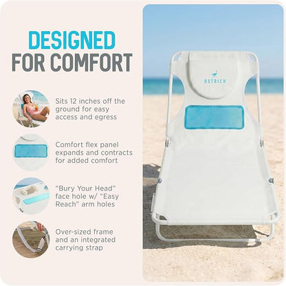 Ostrich the Ladies Comfort Lounger with Chest Support, Foldable and Portable Reclining Outdoor Patio Beach Lawn Camping Pool Tanning Chair, White