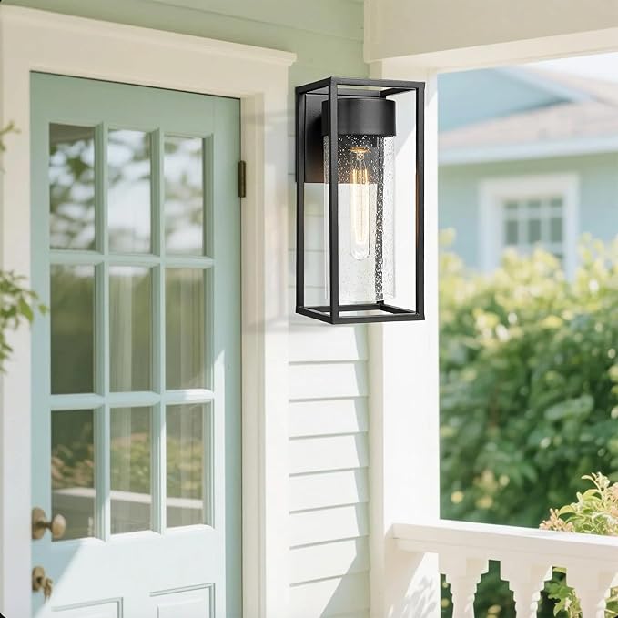 Bestshared Outdoor Modern Wall Light, Exterior Wall Mount Lights, Outdoor Lighting Fixture, Porch Sconce Light with Seeded Glass, Lantern Lamp for Patio, Entryway,Garage (Black, 13" H)