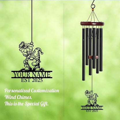 Personalized Customize Name Gnome Wind Chime, Metal Iron 37 Inch Outdoor Memorial Gift for Garden Yard Patio Home Decor, Black，Christmas (Style A)