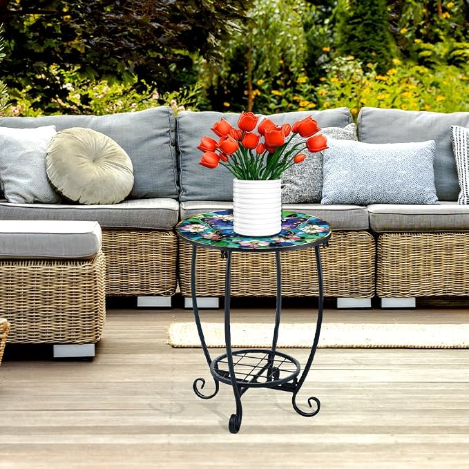 Outdoor Metal Side Table 13.3" W x 16.9" H Small Round Patio Table Printed with Butterfly Pattern for Balcony,Terrace,Garden