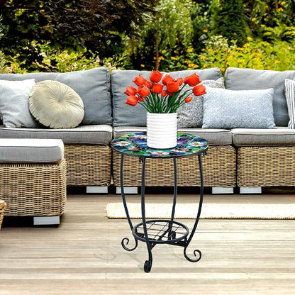 Outdoor Metal Side Table 13.3" W x 16.9" H Small Round Patio Table Printed with Butterfly Pattern for Balcony,Terrace,Garden