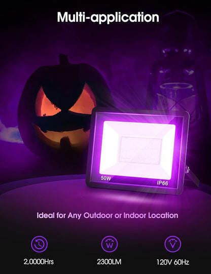 L LOHAS LED Purple Christmas Halloween Flood Light Outdoor, 𝑨𝒖𝒕𝒐 𝑶𝑵/𝑶𝑭𝑭 50W Plug in Flood Light, IP66 Waterproof 2300lm Outdoor Lights for Yard, Garage, Party, UL Listed