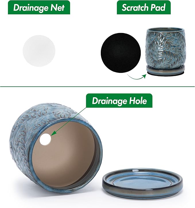 D'vine Dev 4 Inch Embossed Leaves Stoneware Planter Pot with Drainage Hole and Saucer, Ocean Teal, 27-A-Z-8