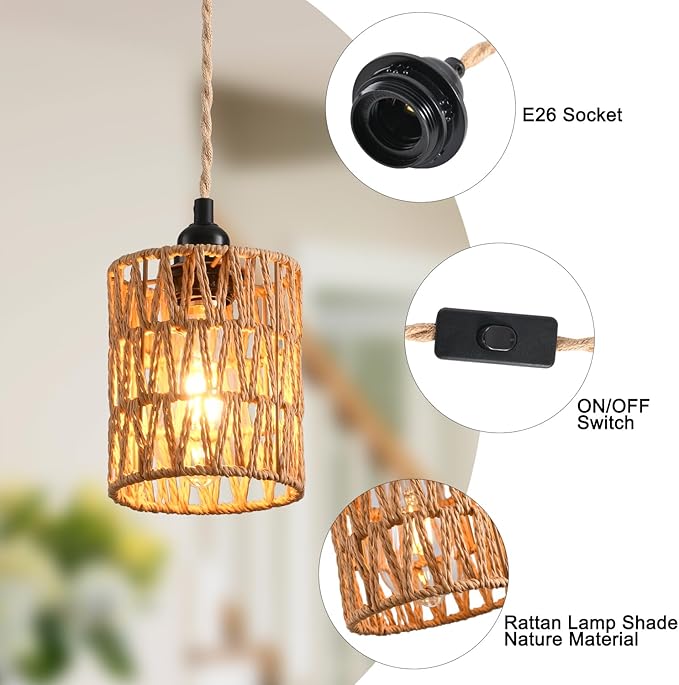 Plug in Pendant Light, Industrial Hanging Light with Plug in Cord Hemp Rope On/Off Switch Farmhouse Pendant Lamp with Plug in Cord, Vintage Hanging Lamps for Dining Room