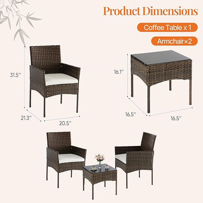Sweetcrispy 3 Piece Patio Furniture Set, All-Weather Outdoor Conversation with Removable Cushions & Tempered Glass Table, Small Wicker Bistro Set for Balcony, Porch, Backyard, Deck, Brown