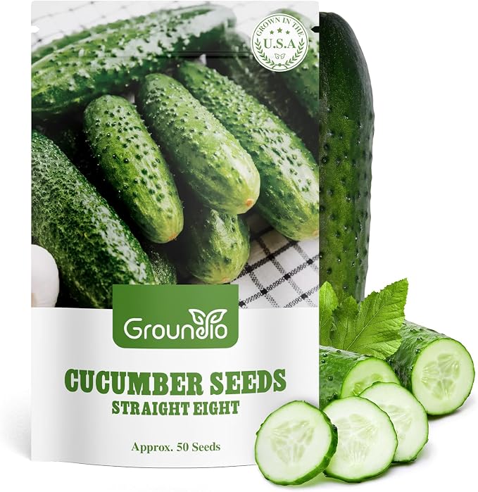 Groundio Cucumber Seeds - 50 Heirloom Non-GMO Seeds for Planting Outdoors in Trellises, Raised Beds, Space Gardens - Pickling and Slicing Straight Eight Cucumbers