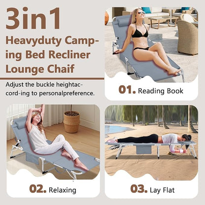 3-in-1 Heavy Duty Tanning Chair with Face Hole Adjustable 5-Position Folding Chaise Lounge Chairs Portable Lay Flat Beach Lounge Chair for Outdoor Sunbathing Patio Pool Lawn Camping Deck (Gray)
