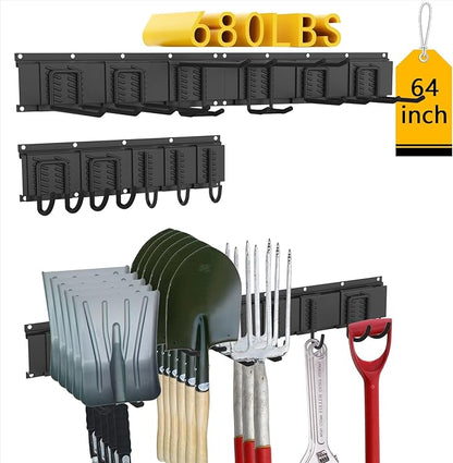 CBWLWJ Garage Tool Organizer Wall Mount, 64 inch Garage Wall Organizer, 680lbs Sturdy Garden Tool Organizer with 11 Adjustable Hooks, for Yard, Shed, Basement, Workshop(Black)