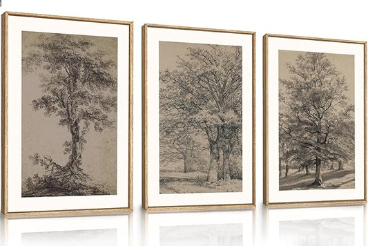 KAIRNE Vintage Tree Sketch Framed Canvas Wall Art Set, Antique Tree Drawings Wall Decor, Retro Forest Art Prints, Modern Nature Landscape Artwork for Living Room, Bedroom, Farmhouse, Office-24 x36 x3