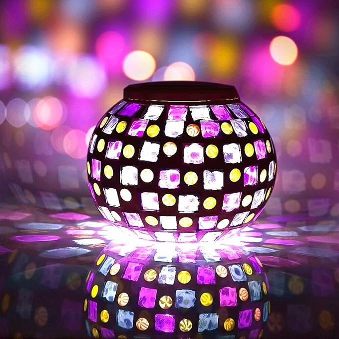 Solar Color Changing Table Lamp, Mosaic Glass Ball Light Garden Waterproof Night Light Desk Lights,Party Lights for Home, BAR,Party,Outdoor Decoration Lights (Red & Blue Square)