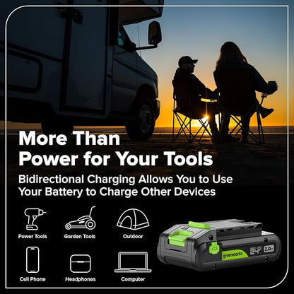 GREENWORKS 24V 1/2” Brushless Cordless Drill (400 In-lbs.) + 6.5” Circular Saw (4,800 RPM), (2) 2.0Ah (12,000mAh Power Bank) USB-C Batteries, Braided Cable, 65W Rapid Charger