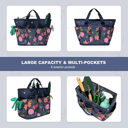 Waterproof Garden Tool Bag, 600D Oxford Portable Gardening Tote with Handle & Multi Pockets, Ideal Gifts for Parents Women (Blue, Tools Not Included)