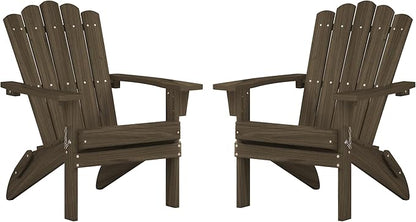 Folding HDPE Adirondack Chair Set of 2, Weather-Resistant Patio Chair with Wide Armrests & High Backrest, Fire Pit Chair for Garden, Backyard, Porch - Light Brown