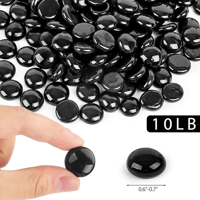 DomeStar 10LB Black Fire Pit Glass, Reflective Round Glass Rocks for Natural Propane Fire Pit Landscaping
