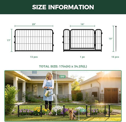 FXW Garden Fence Outdoor for the Yard – 17in(H) x 34.2ft(L) Heavy Duty Metal Animal Barrier for Dog, No Dig Decorative Dog Fence, 14 Panels, Black