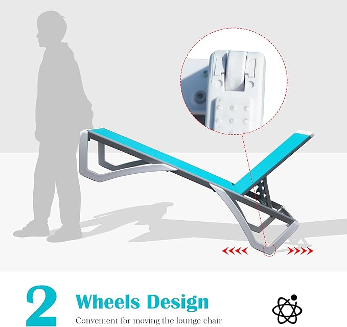 Domi Outdoor Lounge Chair, Aluminum Patio Chaise Lounge with 5 Position Adjustable Backrest and Wheels, All Weather Reclining Chair with Side Table for Patio, Yard,Balcony,Poolside (Lake Blue)