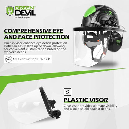 GREEN DEVIL Industrial Chainsaw Helmet with Face Shield Built in Visor and Ear Muffs 4 in 1 System ANSI Z89.1 Safety Hard Hat Adjustable Headgear Ideal for Forestry and Arborist Work Full Brim Style